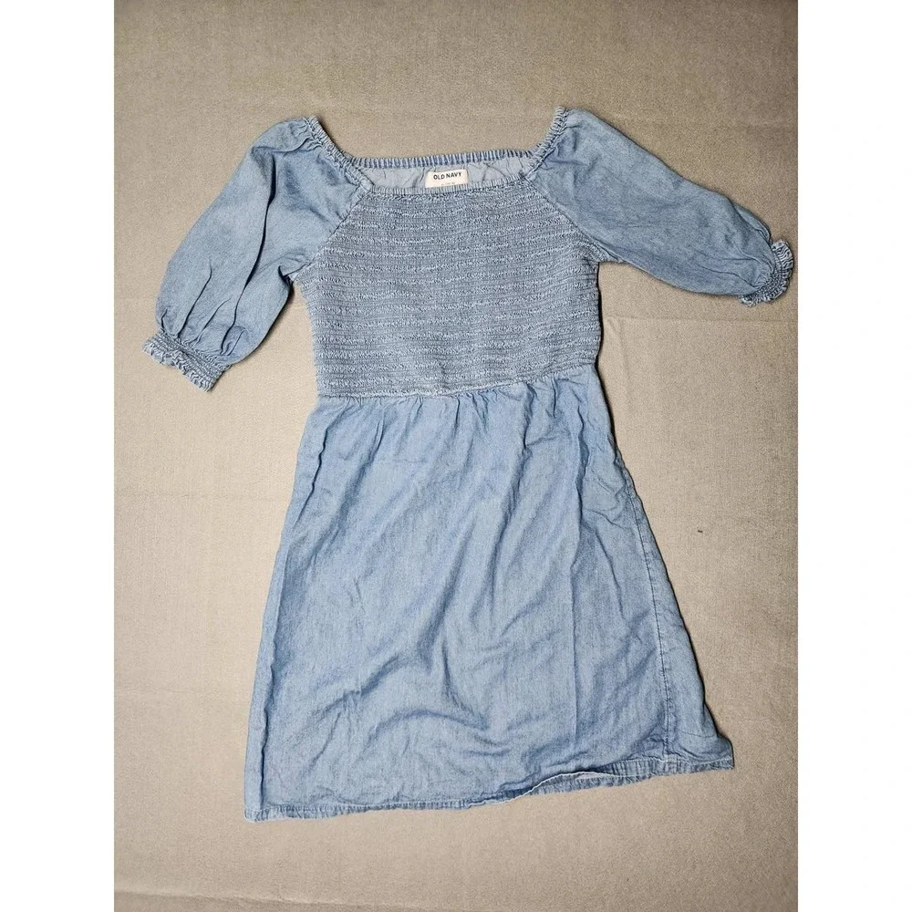 Old Navy Girls Blue Smocked Denim Look Fit & Flare Dress XL 14-16 Light Wash
